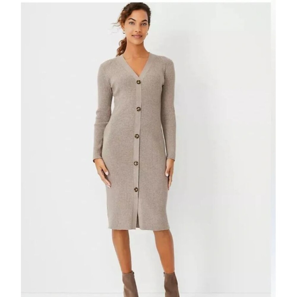 Ann Taylor Ribbed Button Front Sweater Midi Dress S Petite NWT